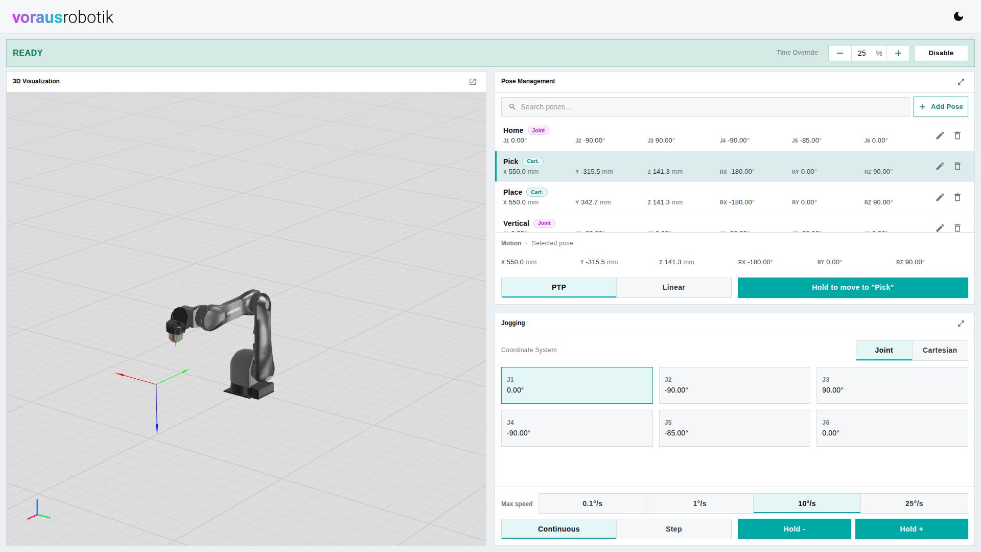 The voraus Robot UI dashboard with the robot rendered on the left and the Pose Management and Jogging widgets on the right