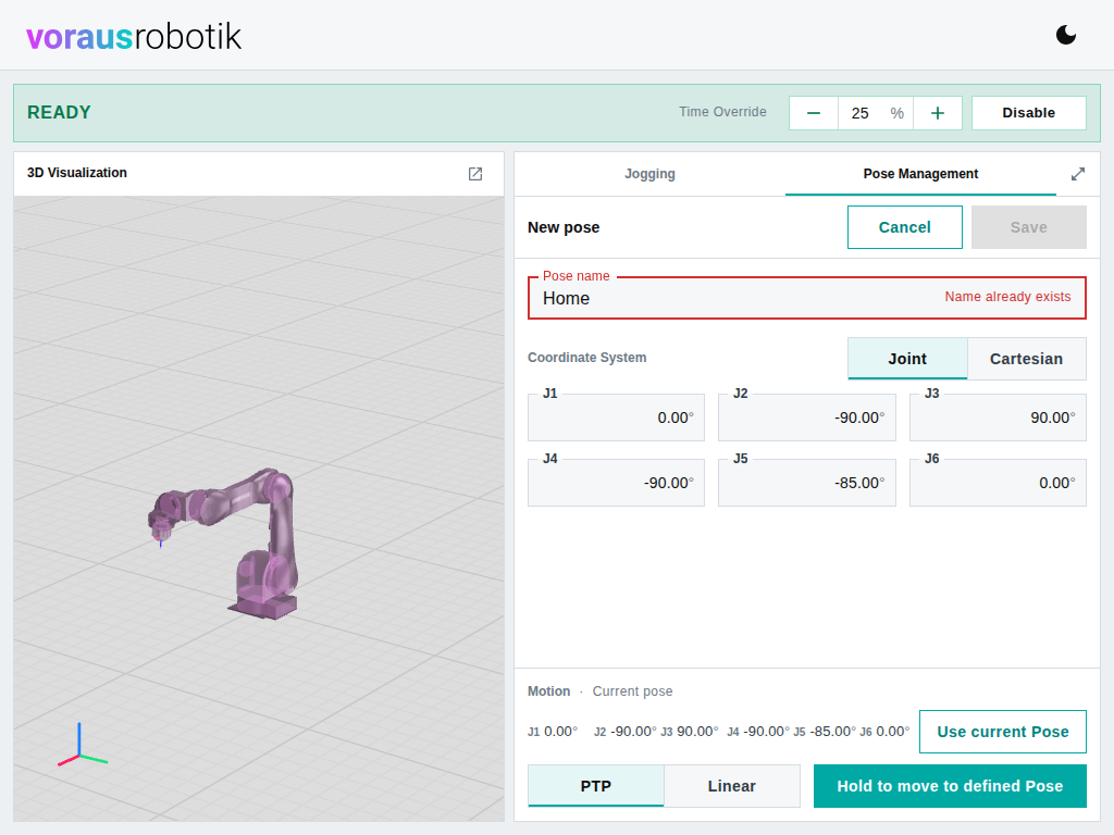 The dashboard with the pose editor open: the Pose name field with the message Name already exists, the Joint and Cartesian toggle, one field per joint, and the current robot pose with the Use current Pose button