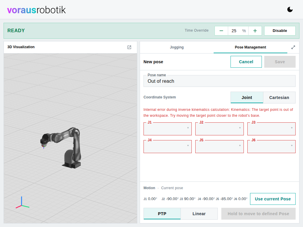 The dashboard with the pose editor in joint representation, empty fields and an error message from Robot Control