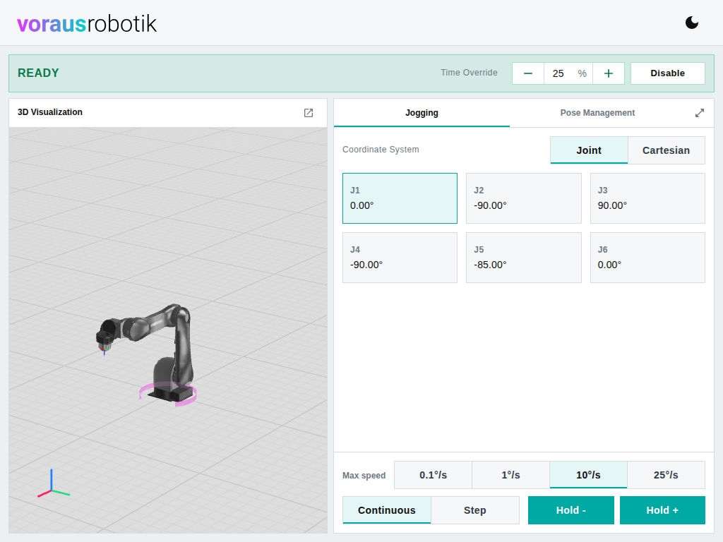 The dashboard with the Jogging tab open, joint J1 selected, and a magenta arrow around the first joint of the robot in the 3D visualization