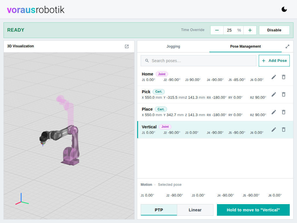 The dashboard with the Pose Management tab open, the Vertical pose selected in the list, and a translucent second robot in the 3D visualization