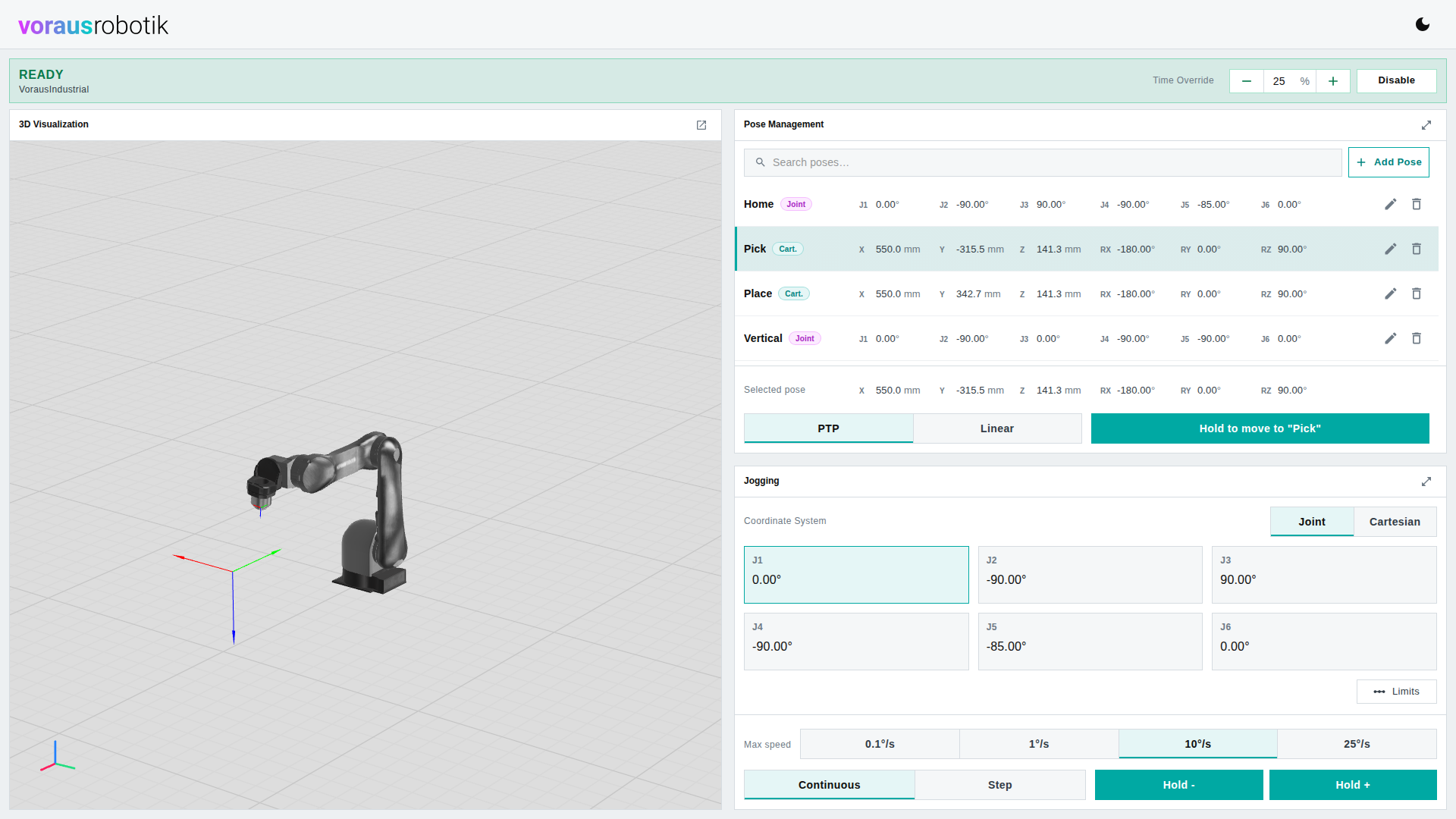The voraus Robot UI dashboard with the robot rendered on the left and the Pose Management and Jogging widgets on the right