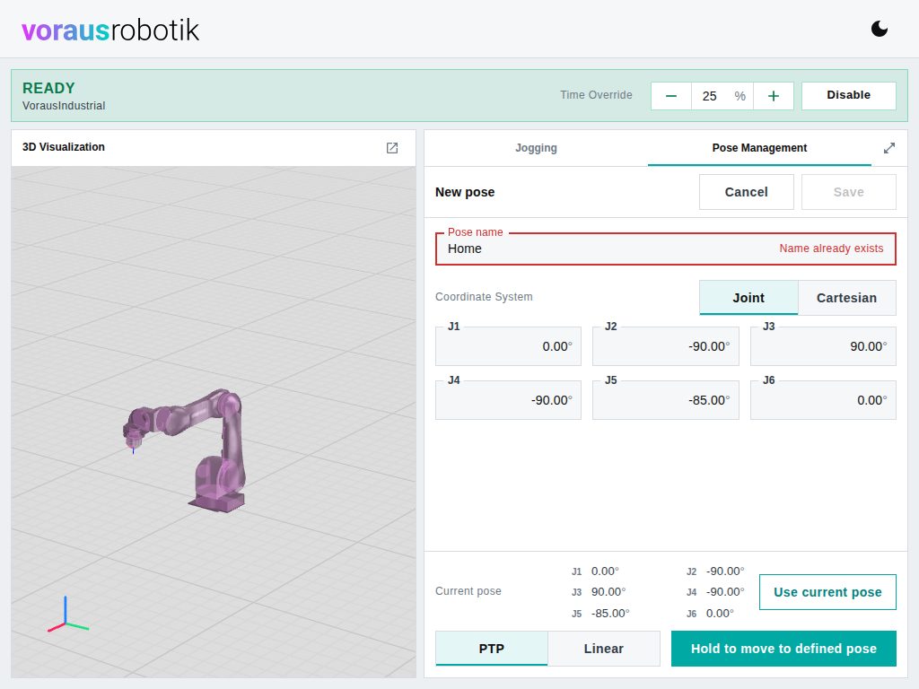 The dashboard with the pose editor open: the Pose name field with the message Name already exists, the Joint and Cartesian toggle, one field per joint, and the current robot pose with the Use current pose button