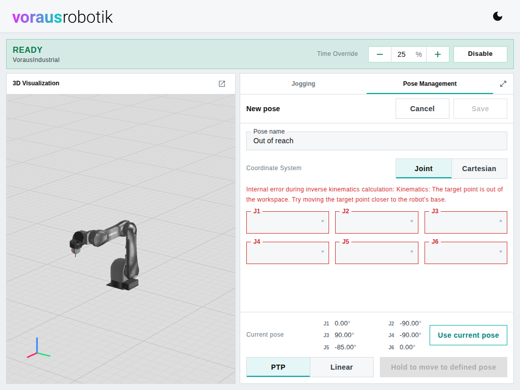 The dashboard with the pose editor in joint representation, empty fields and an error message from Robot Control