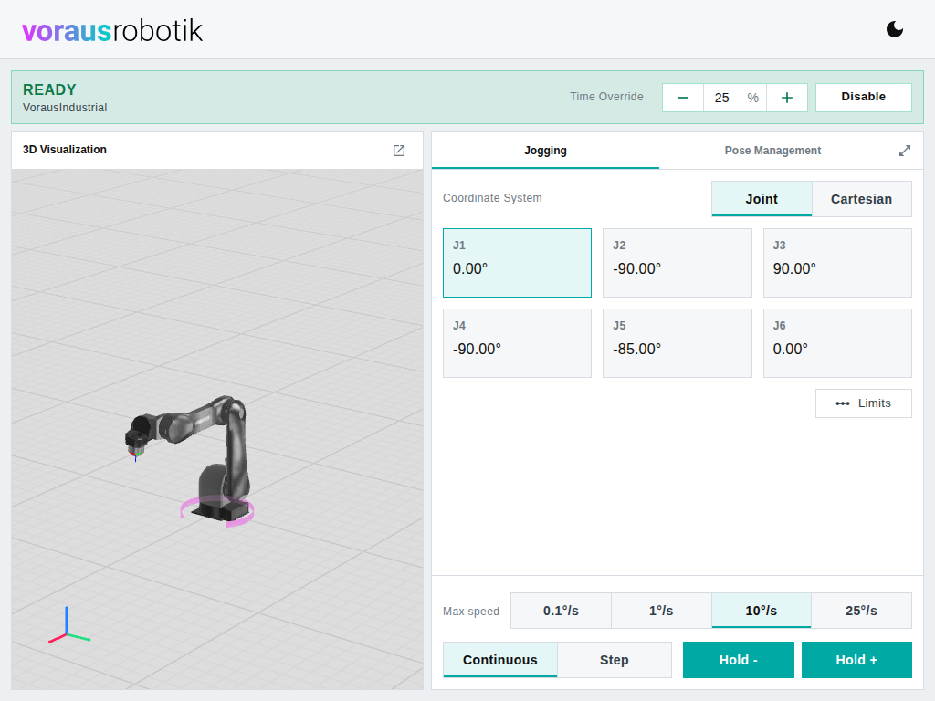 The dashboard with the Jogging tab open, joint J1 selected, and a magenta arrow around the first joint of the robot in the 3D visualization