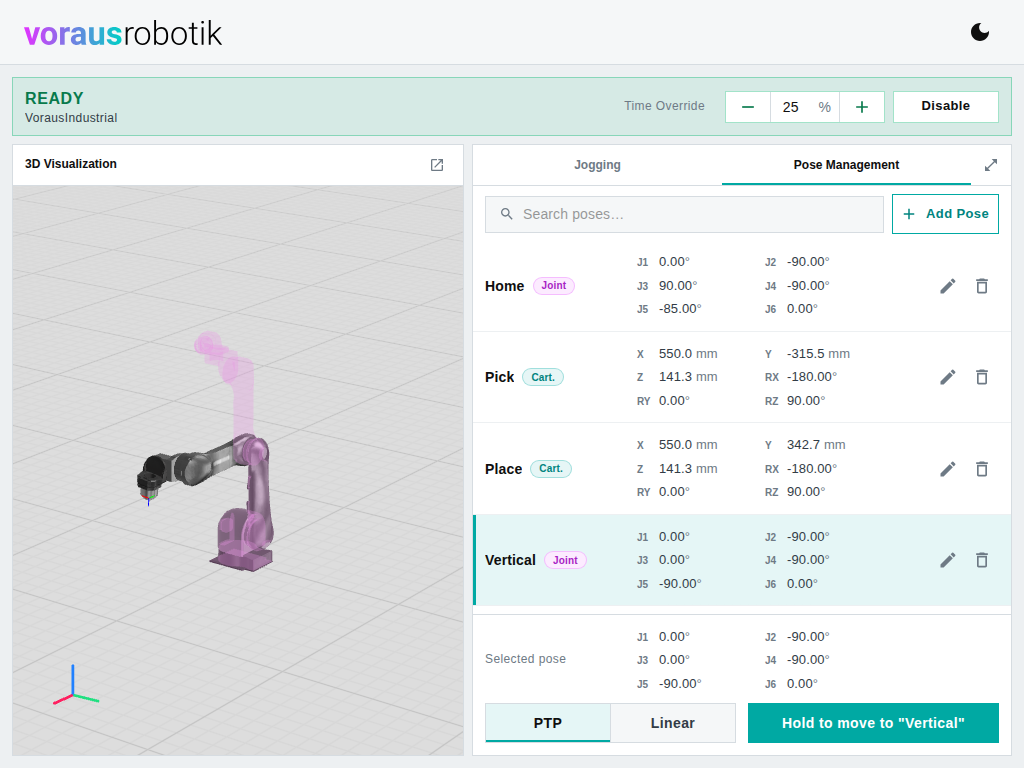 The dashboard with the Pose Management tab open, the Vertical pose selected in the list, and a translucent second robot in the 3D visualization