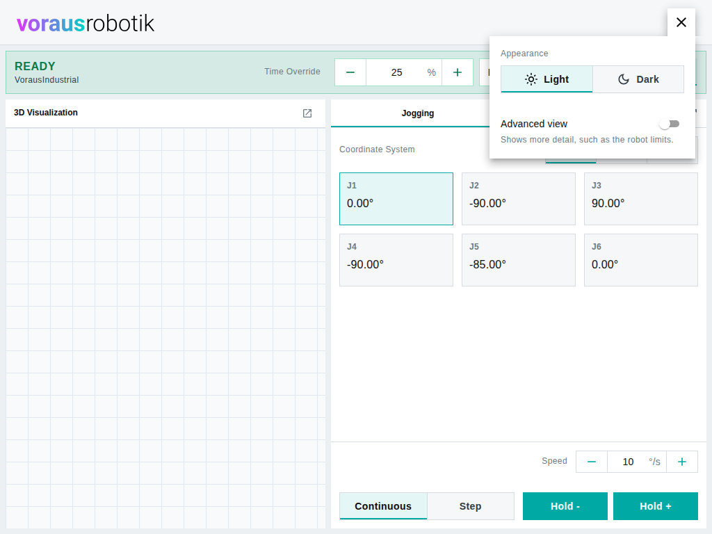 The dashboard with the app menu open under the top right corner of the header: a Light and Dark toggle under the heading Appearance, Light being selected, and an Advanced view switch with the hint that it shows more detail such as the robot limits