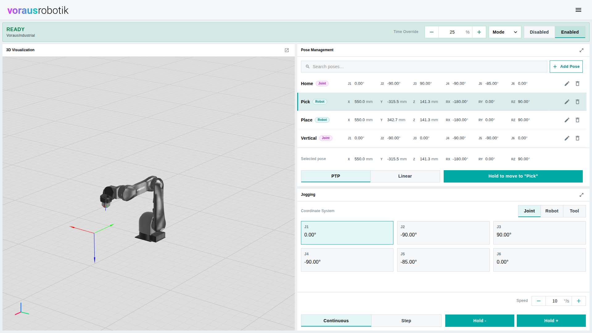 The voraus Robot UI dashboard with the robot rendered on the left and the Pose Management and Jogging widgets on the right