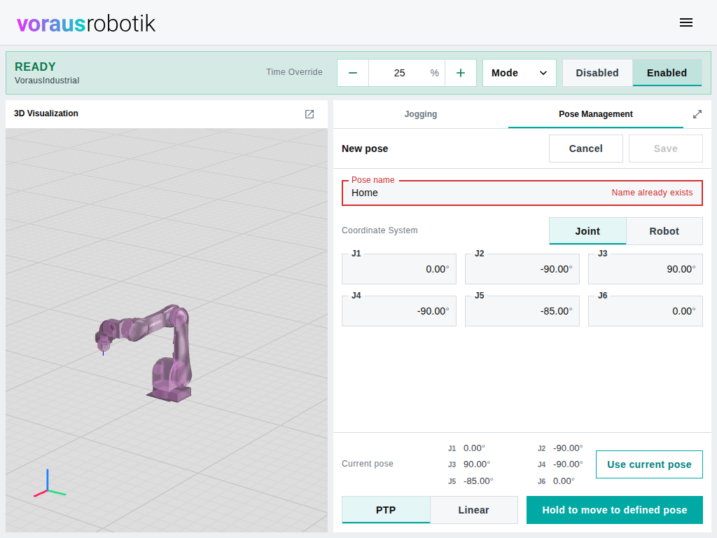The dashboard with the pose editor open: the Pose name field with the message Name already exists, the Joint and Robot toggle, one field per joint, and the current robot pose with the Use current pose button