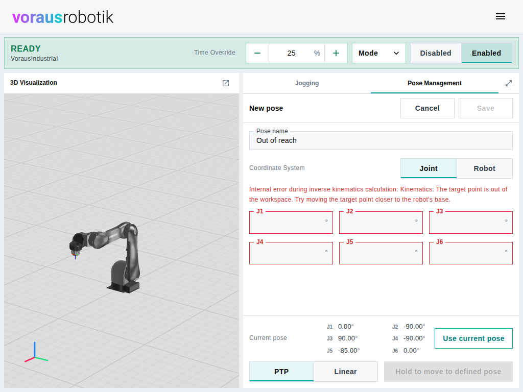 The dashboard with the pose editor in joint representation, empty fields and an error message from Robot Control