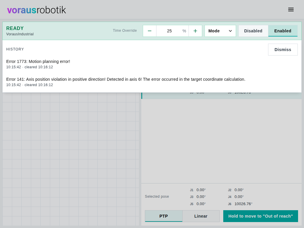 The dashboard in the READY state with the error history opened below the status bar: a History heading with a Dismiss button, and the two cleared errors with the time each occurred and was cleared