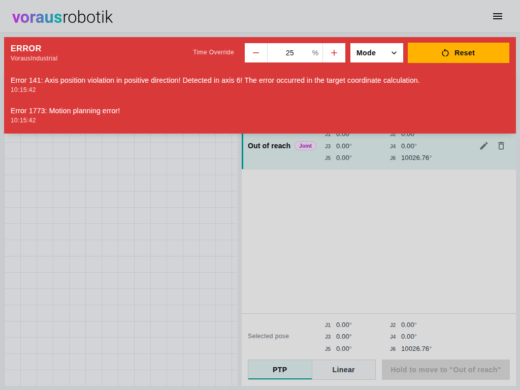 The dashboard in the ERROR state with the list of active errors opened below the status bar: each entry shows the error number, the message and the time it occurred