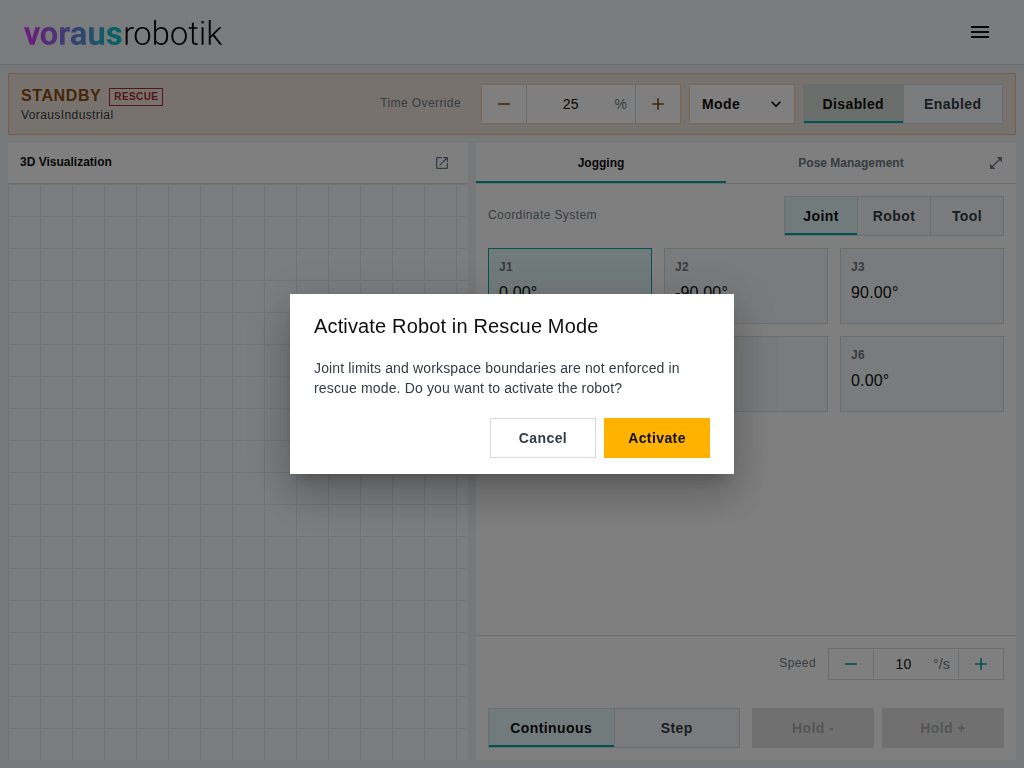 The dashboard in rescue mode with the dialog Activate Robot in Rescue Mode, stating that joint limits and workspace boundaries are not enforced