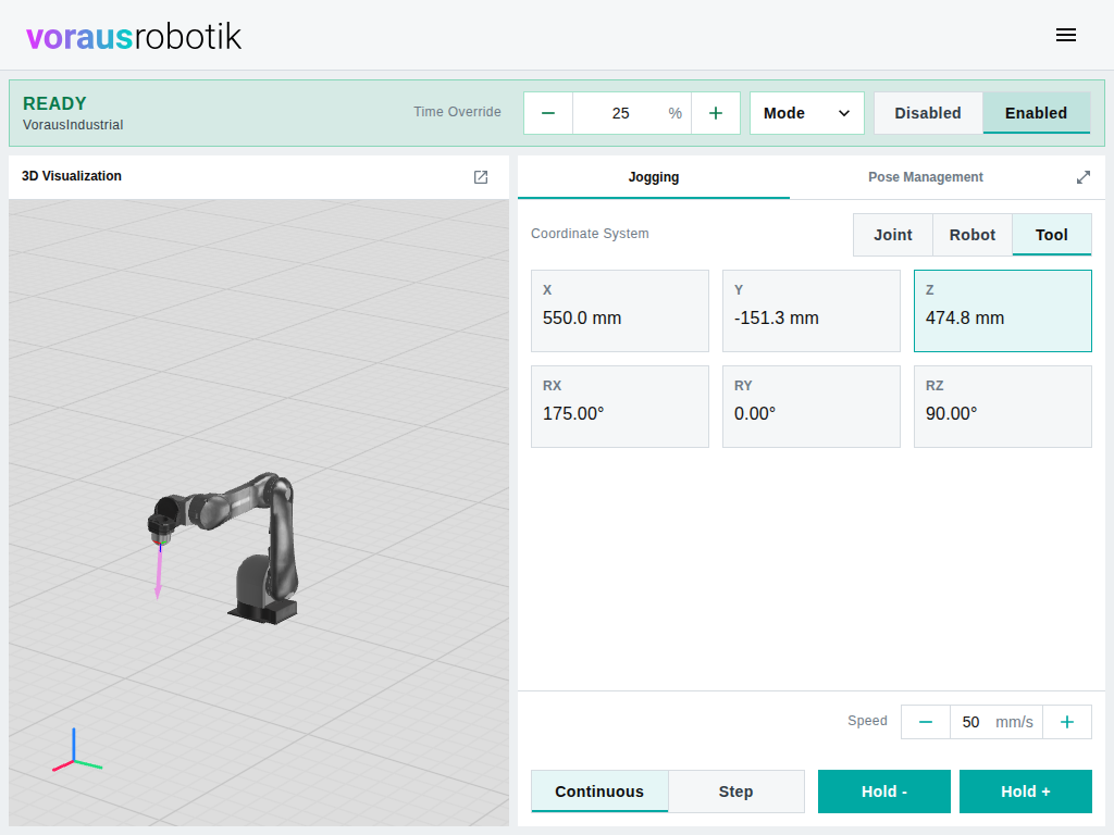 The dashboard with the Jogging tab open in the Tool frame, the tile Z selected, and a magenta arrow at the tool center point pointing along the tool axis in the 3D visualization