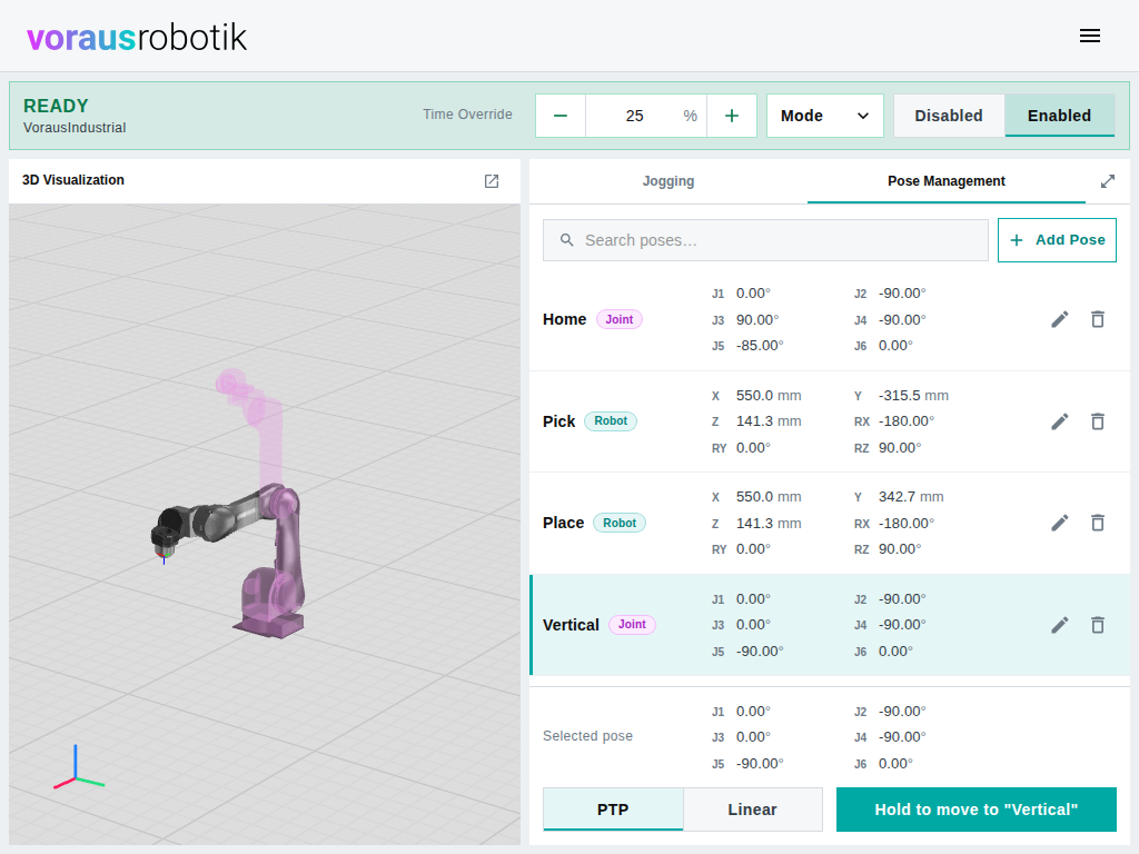 The dashboard with the Pose Management tab open, the Vertical pose selected in the list, and a translucent second robot in the 3D visualization