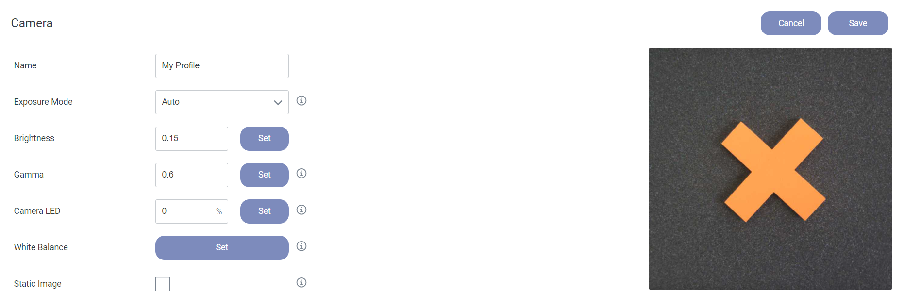 Interface of a camera setting profile