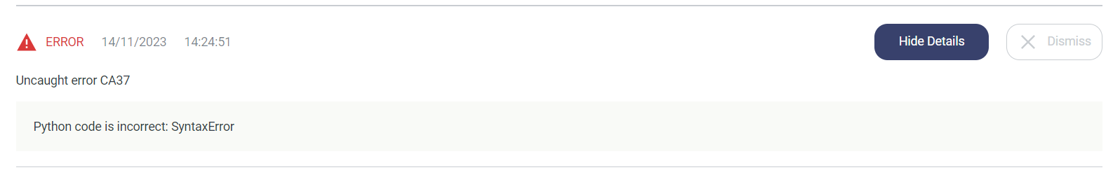 HMI error message of a Python syntax error