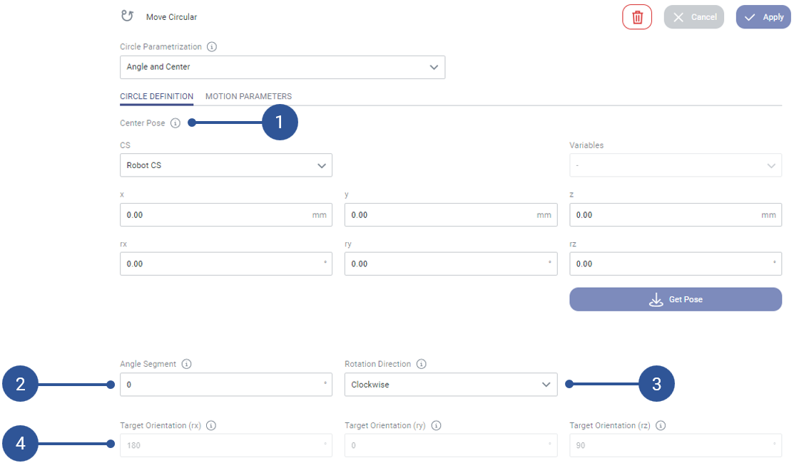 Circle parameterization option: Angle and Center