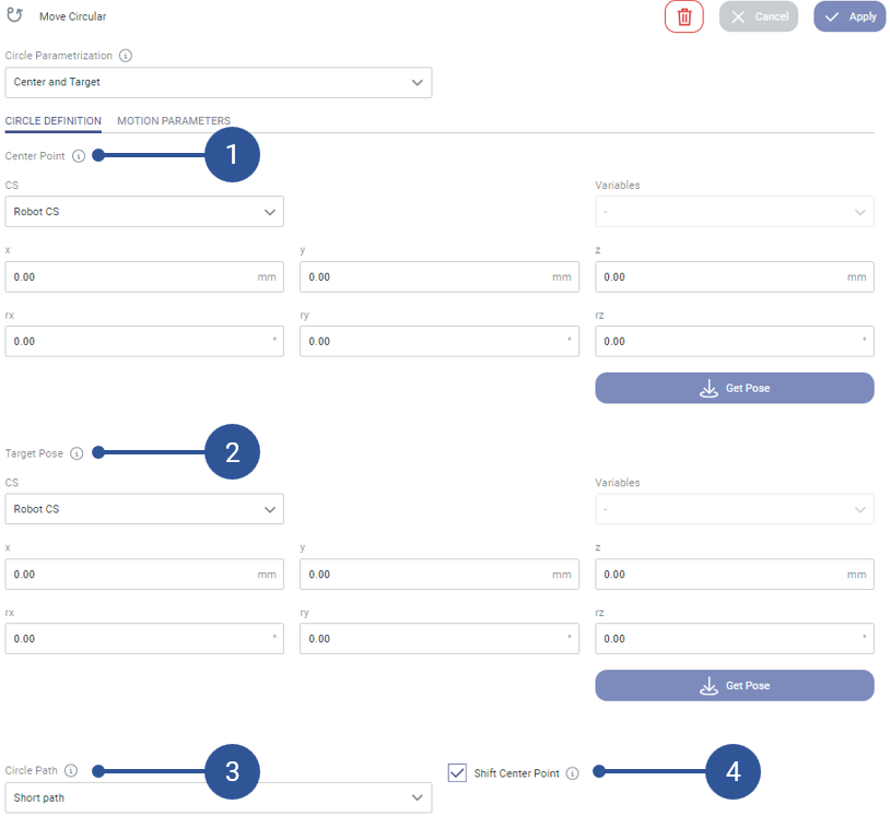 Circle parameterization option: Center and Target